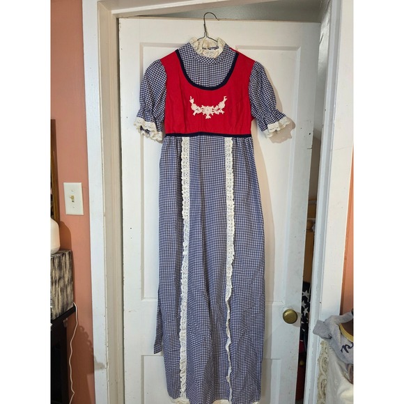 Vintage Gingham Maxi Dress Prairiecore Cottagecore Red White Blue Lace Trim READ - Picture 1 of 12